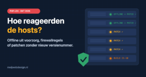 Illustratie: serverrack met statuslampjes offline + patch, patch en build 21-10 bij het PHP-lek van oktober 2026