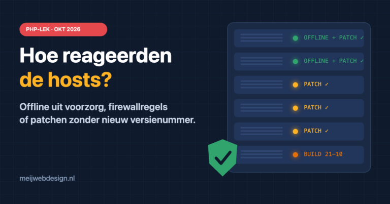 Illustratie: serverrack met statuslampjes offline + patch, patch en build 21-10 bij het PHP-lek van oktober 2026