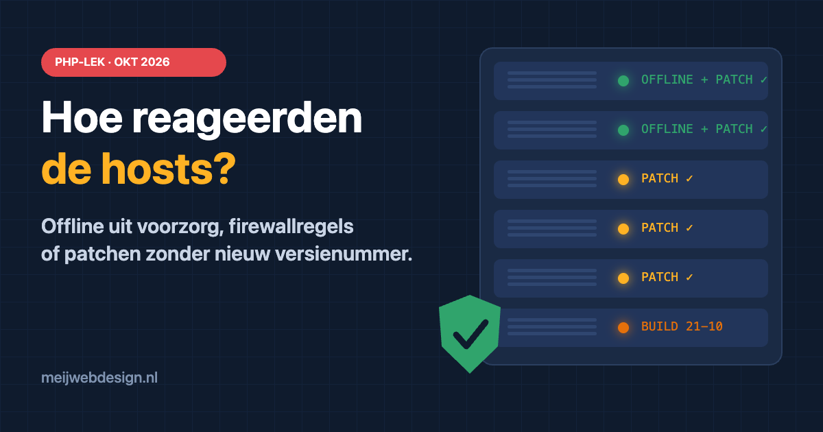 Illustratie: serverrack met statuslampjes offline + patch, patch en build 21-10 bij het PHP-lek van oktober 2026