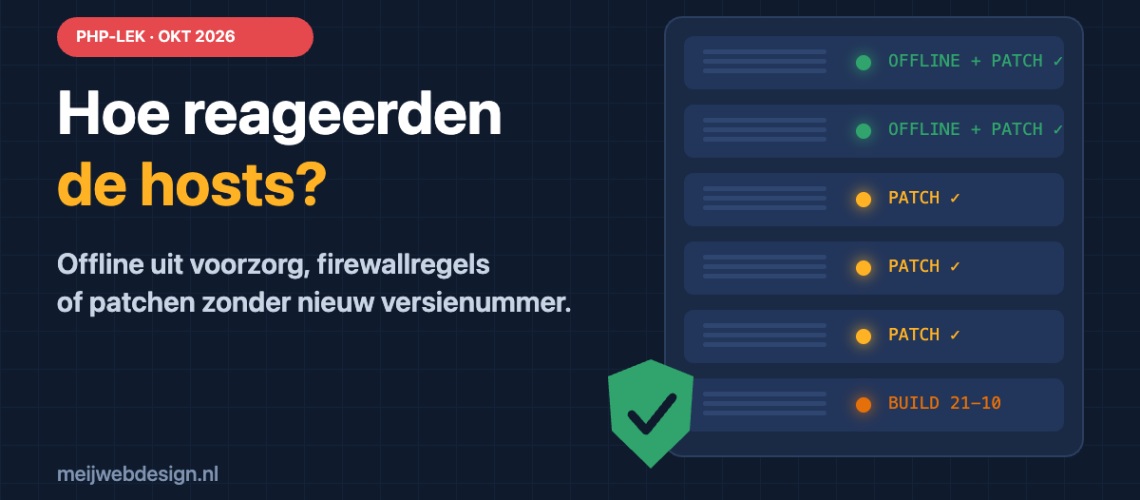 Illustratie: serverrack met statuslampjes offline + patch, patch en build 21-10 bij het PHP-lek van oktober 2026